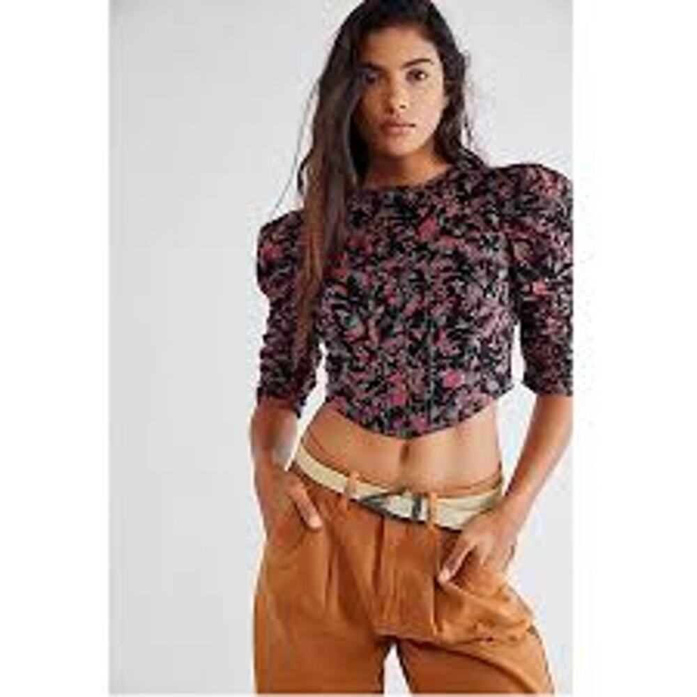 Free People Monica Bodice Top Floral Puff Sleeves Smocked Boho Crop M